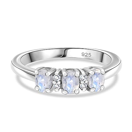Rainbow Moonstone & White Zircon Trilogy Ring in Platinum Overlay Sterling Silver