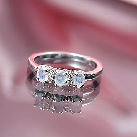 Rainbow Moonstone & White Zircon Trilogy Ring in Platinum Overlay Sterling Silver