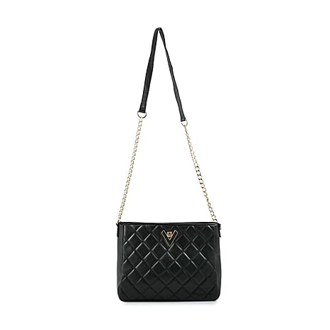 Heart and Soul Valentino Orlandi Elegant Quilted Crossbody Bag with V Logo - Black