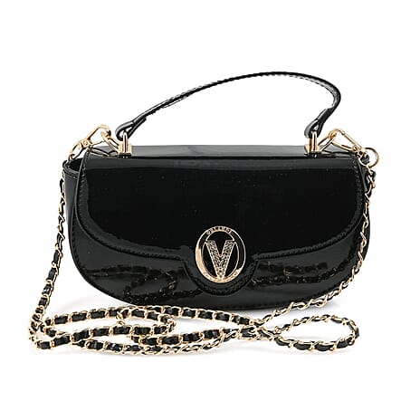 Valentino Orlandi - Italian Designer Glamorous Black Patent East-West Crossbody Bag with Gold Chain - Diamond V Detail