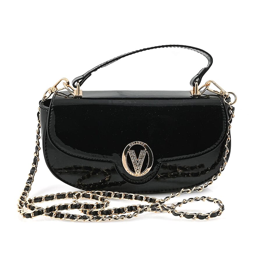 Heart and Soul Valentino Orlandi Glamorous Black Patent East-West Crossbody Bag with Gold Chain & Diamond V Detail