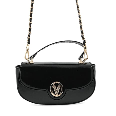 Valentino Orlandi - Italian Designer Glamorous Black Patent East-West Crossbody Bag with Gold Chain - Diamond V Detail