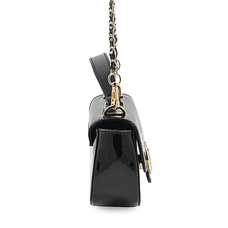 Valentino Orlandi - Italian Designer Glamorous Black Patent East-West Crossbody Bag with Gold Chain - Diamond V Detail