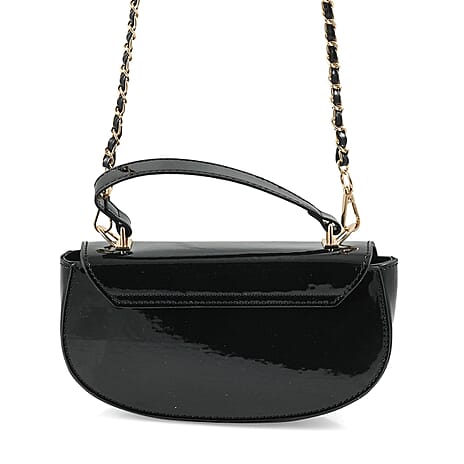 Valentino Orlandi - Italian Designer Glamorous Black Patent East-West Crossbody Bag with Gold Chain - Diamond V Detail