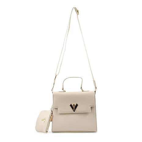 Heart and Soul Elegant Valentino Orlandi V Logo Satchel Bag with Adjustable Strap & Wallet - Taupe