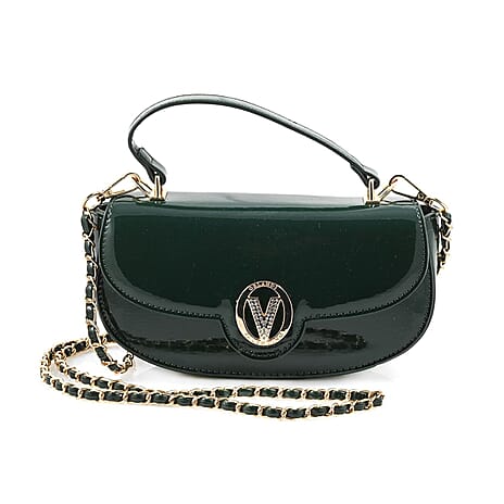 Heart and Soul Valentino Orlandi Glamorous Patent East-West Crossbody Bag with Gold Chain & Diamond V Detail - Forest Green