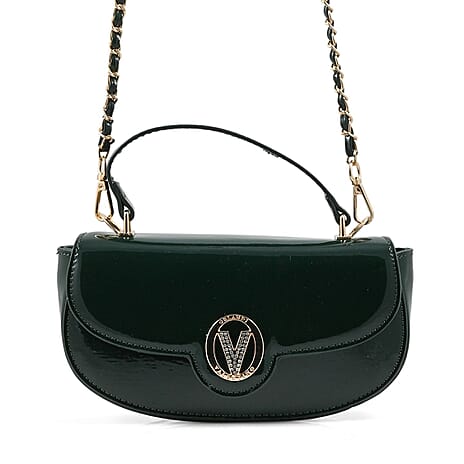 Heart and Soul Valentino Orlandi Glamorous Patent East-West Crossbody Bag with Gold Chain & Diamond V Detail - Forest Green