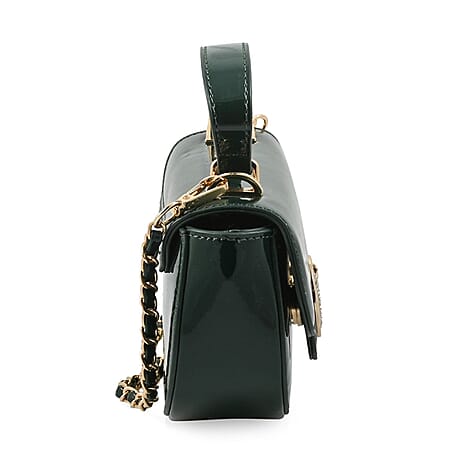 Heart and Soul Valentino Orlandi Glamorous Patent East-West Crossbody Bag with Gold Chain & Diamond V Detail - Forest Green