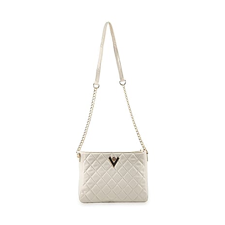 Heart and Soul Valentino Orlandi Elegant Quilted Crossbody Bag with V Logo - Cream