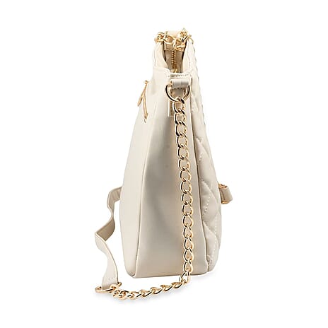 Heart and Soul Valentino Orlandi Elegant Quilted Crossbody Bag with V Logo - Cream