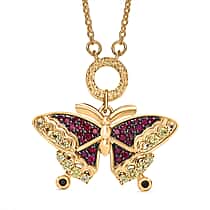 GP Italian Garden Collection - Red Sapphire, Multi Gemstones Butterfly Necklace (Size - 20) in 18K Vermeil Yellow Gold Over Sterling Silver