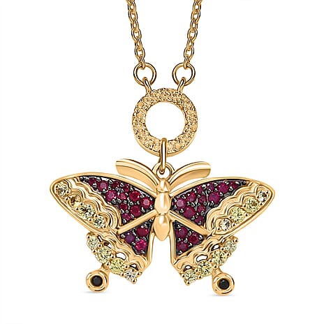 GP - Italian Garden Collection - Red Sapphire & Multi Gemstones Necklace (Size - 20) in 18K Vermeil Yellow Gold Plated Sterling Silver