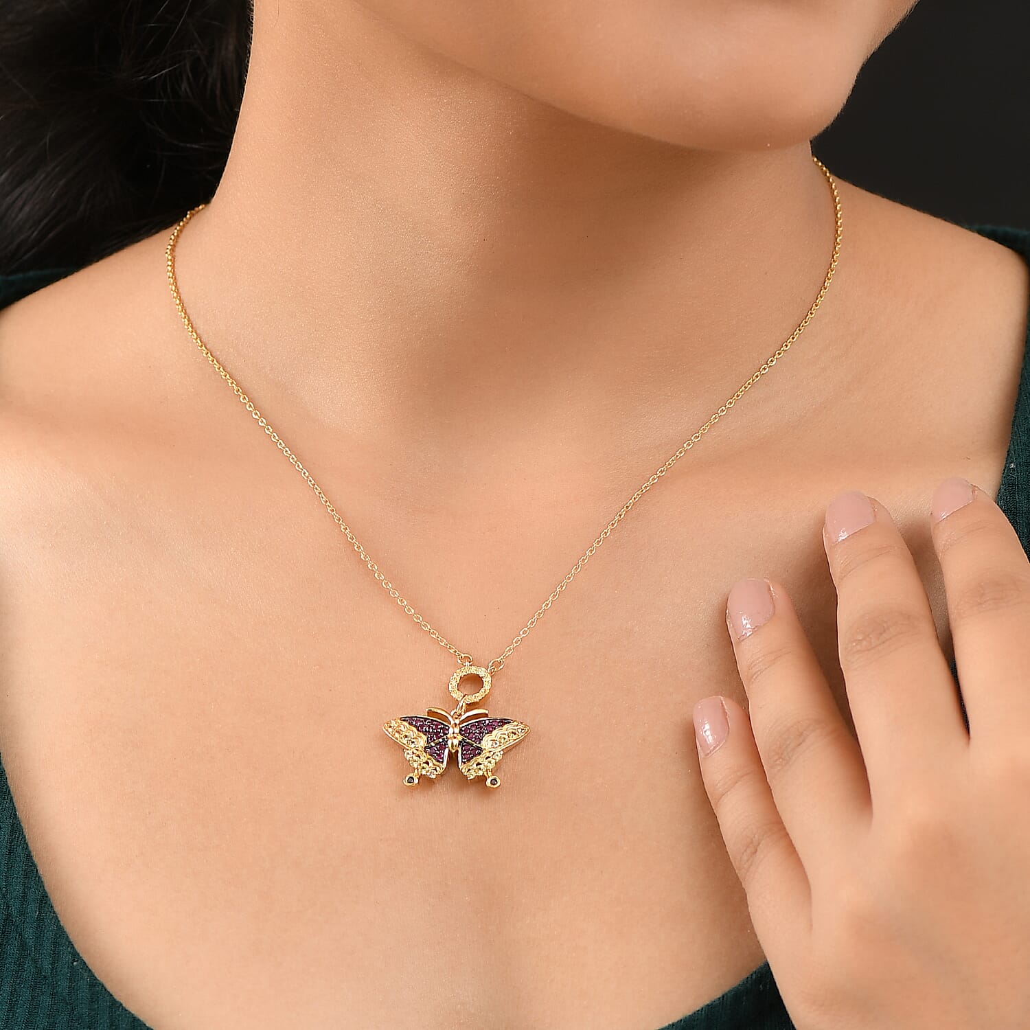 GP - Italian Garden Collection - Red Sapphire & Multi Gemstones Necklace (Size - 20) in 18K Vermeil Yellow Gold Plated Sterling Silver