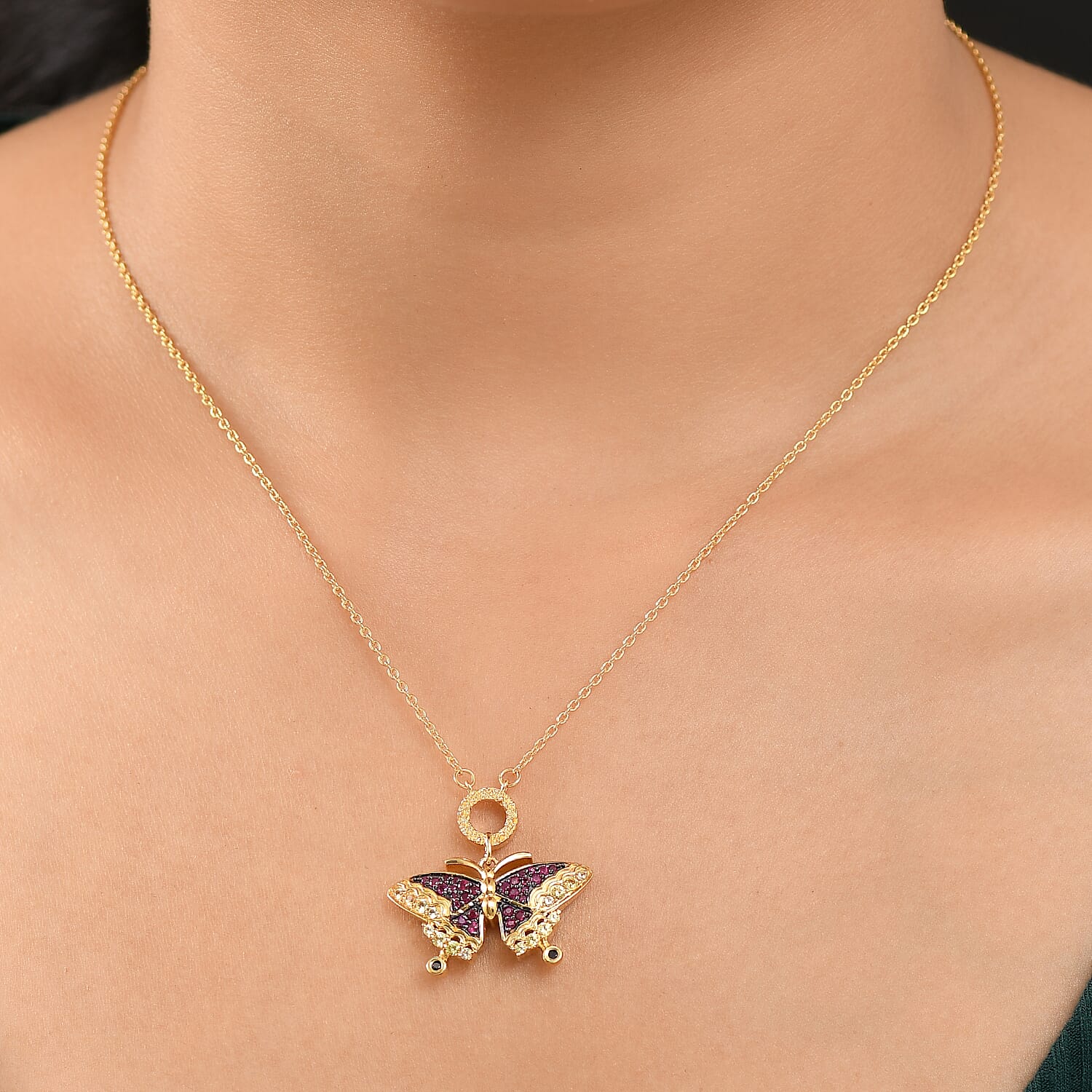 GP - Italian Garden Collection - Red Sapphire & Multi Gemstones Necklace (Size - 20) in 18K Vermeil Yellow Gold Plated Sterling Silver