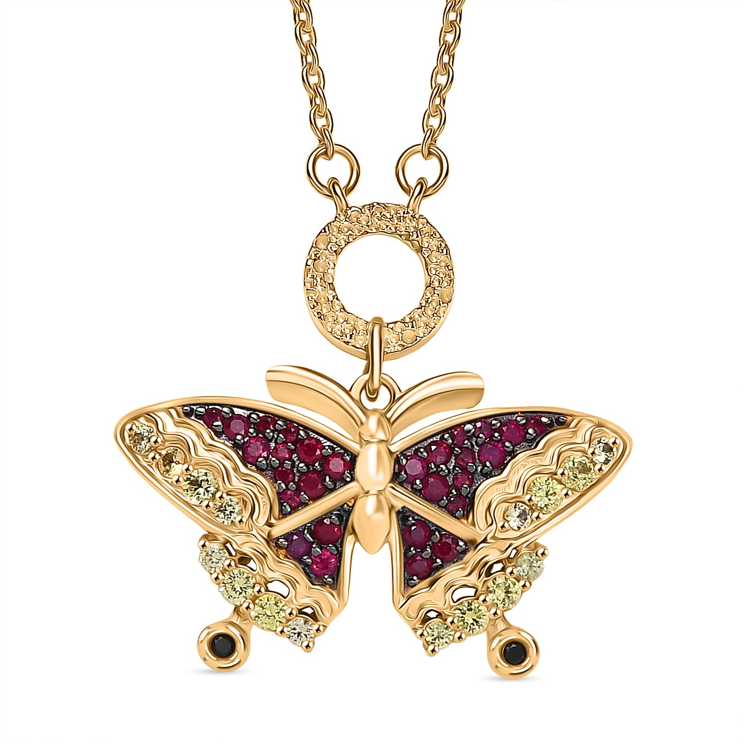 GP - Italian Garden Collection - Red Sapphire & Multi Gemstones Necklace (Size - 20) in 18K Vermeil Yellow Gold Plated Sterling Silver