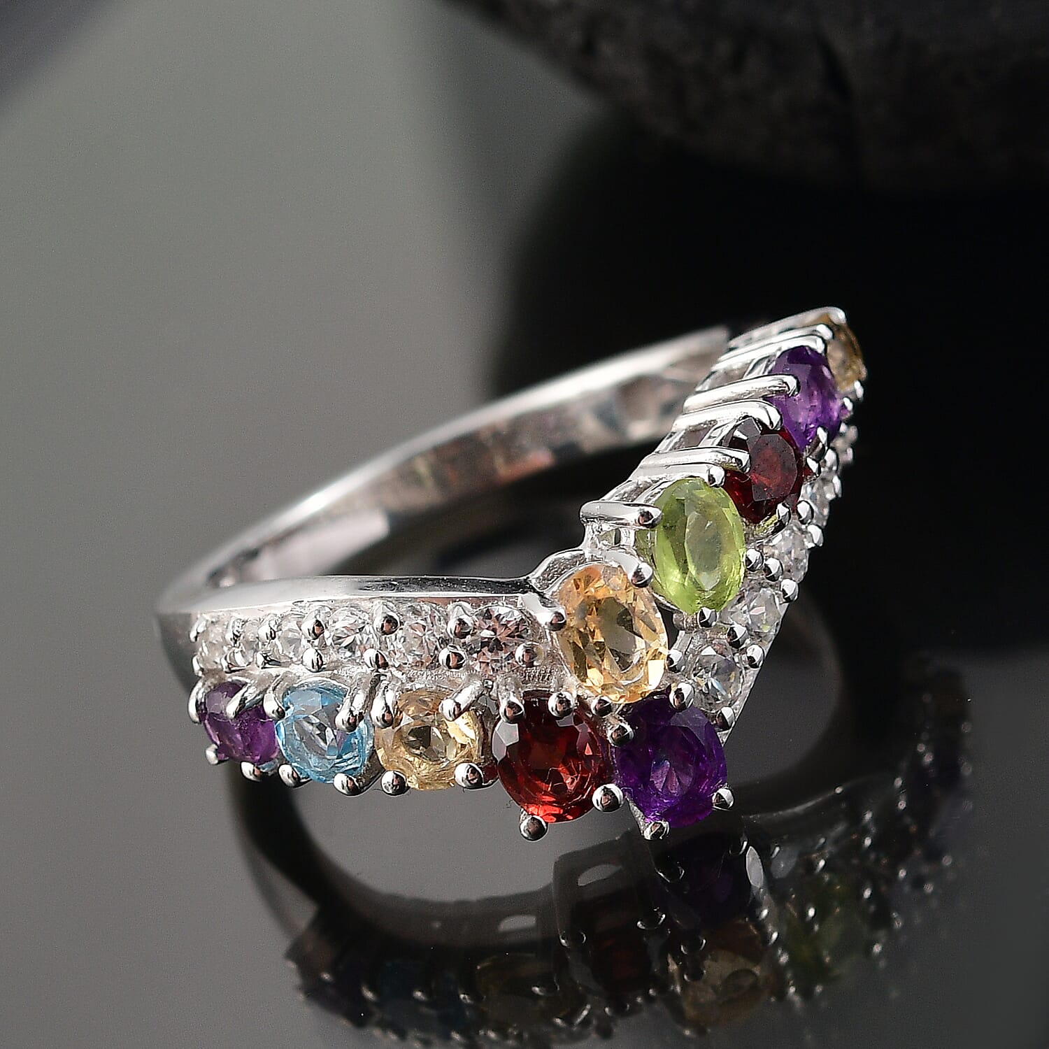 African Amethyst, Multi Gemstones Main Stone With Side Stone Ring in Rhodium OverlaySterling Silver  1.950  Ct.