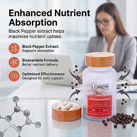 Lorem Ashwagandha Capsules with Black Pepper - Vitamin B6 - 60 Capsules