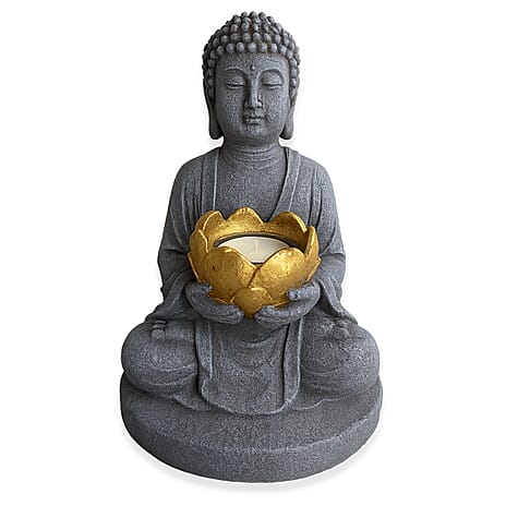 Meditating Buddha Solar Decorative Light - Grey with Rusty Gold Lotus Candle Holder