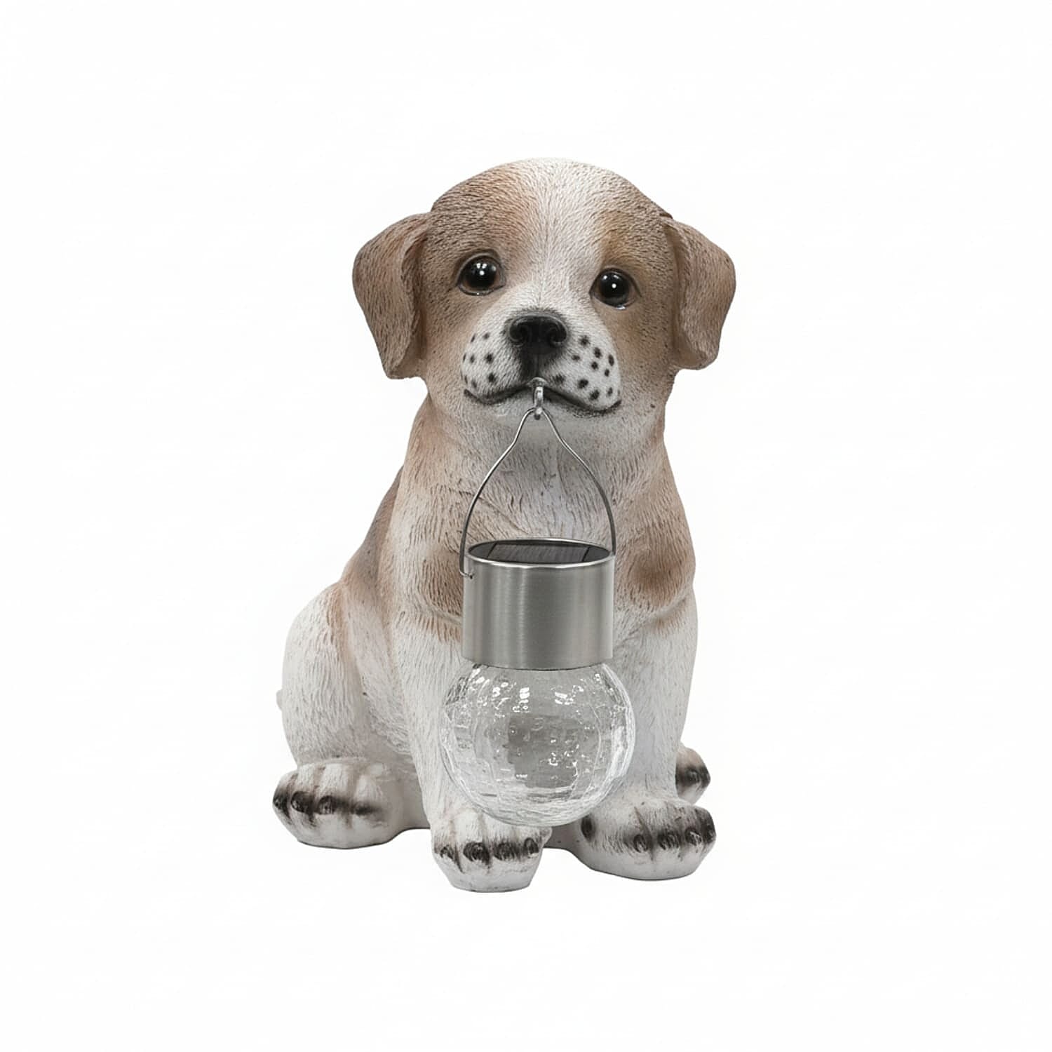 Polystone Dog Garden Ornament with Solar Ball in Mouth - White