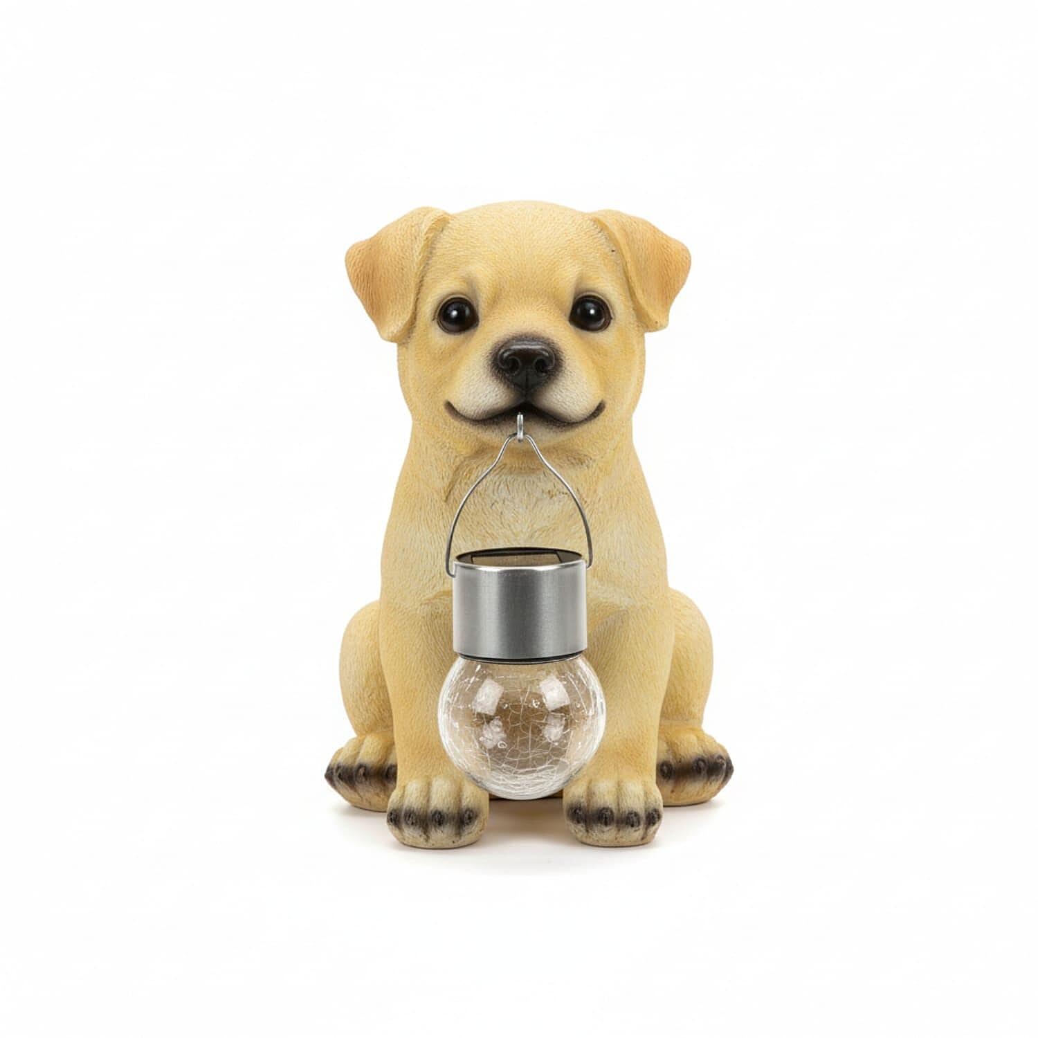 Polystone Dog Garden Ornament with Solar Ball in Mouth - Yellow