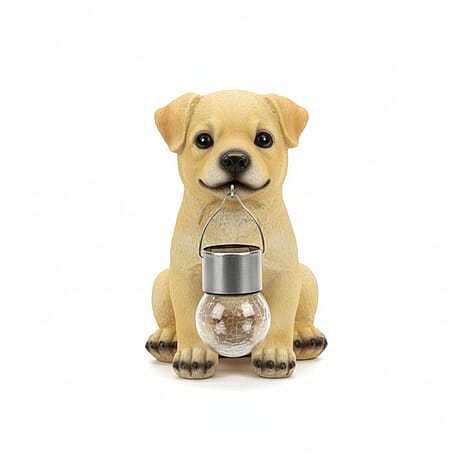 Polystone Dog Garden Ornament with Solar Ball in Mouth - Yellow