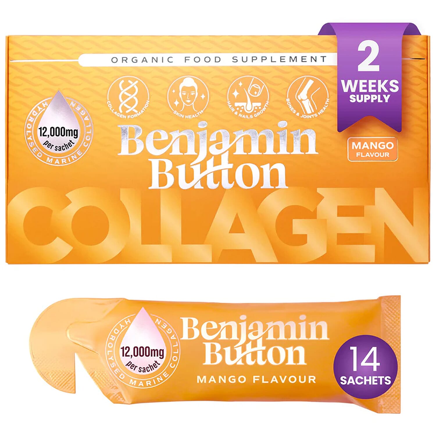Benjamin-Button-14x-Mango-12-000mg-Marine-Collagen-Liquid-Sachets