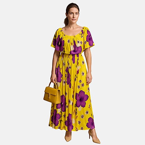 Shucho 100% Cotton Floral Printe Off-Shoulder Midi Dress (One Size) - Yellow