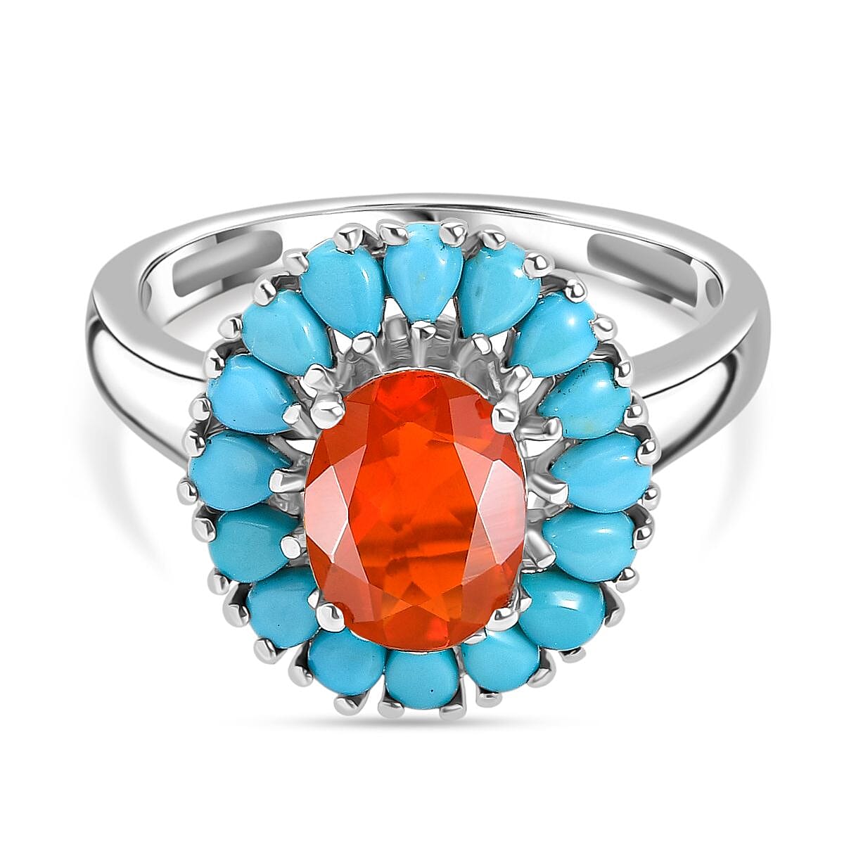 Fire Opal & Sleeping Beauty Turquoise Ring in Rhodium Overlay Sterling Silver 1.80 Ct.