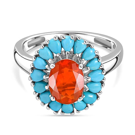 Fire Opal & Sleeping Beauty Turquoise Ring in Rhodium Overlay Sterling Silver 1.80 Ct.