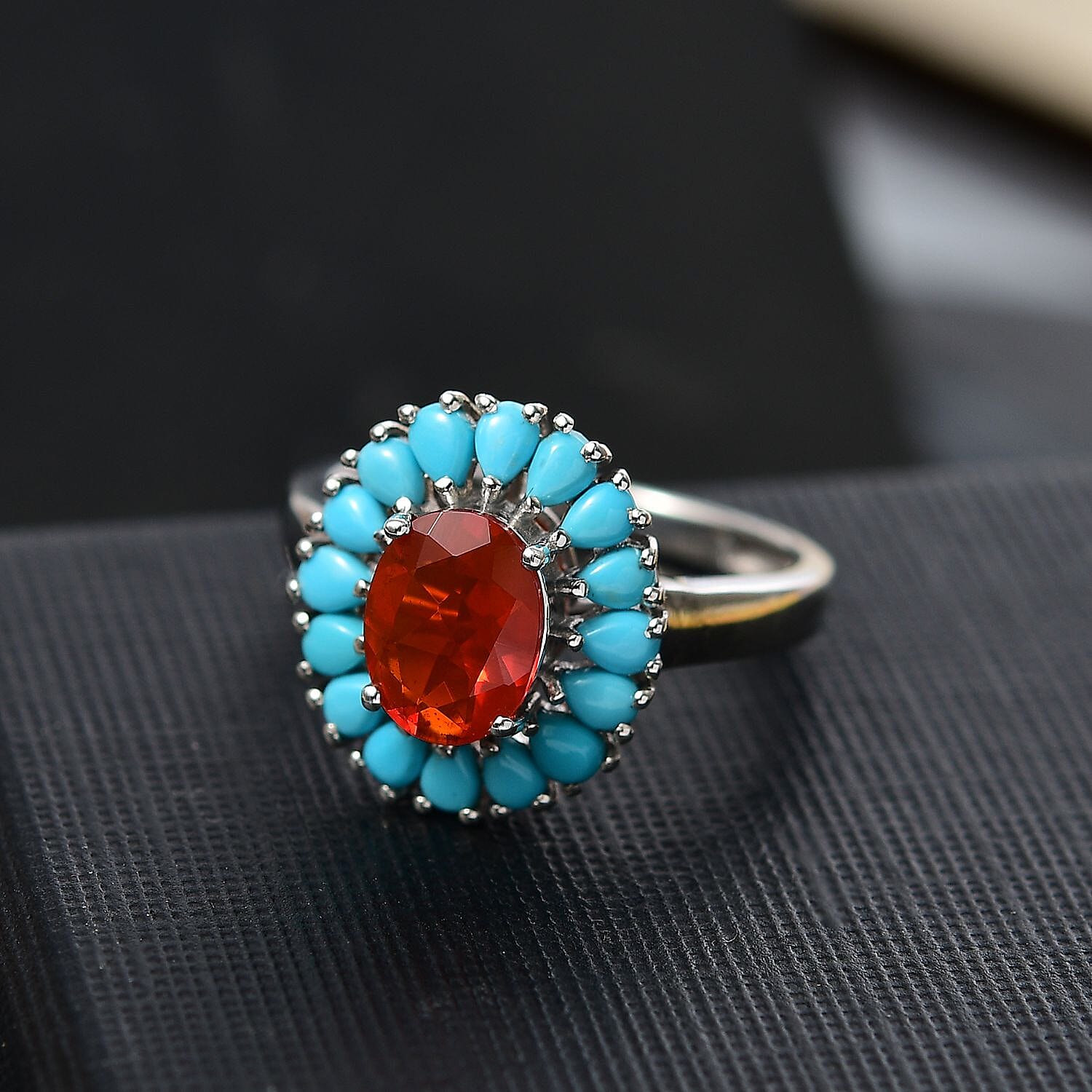 Fire Opal & Sleeping Beauty Turquoise Ring in Rhodium Overlay Sterling Silver 1.80 Ct.