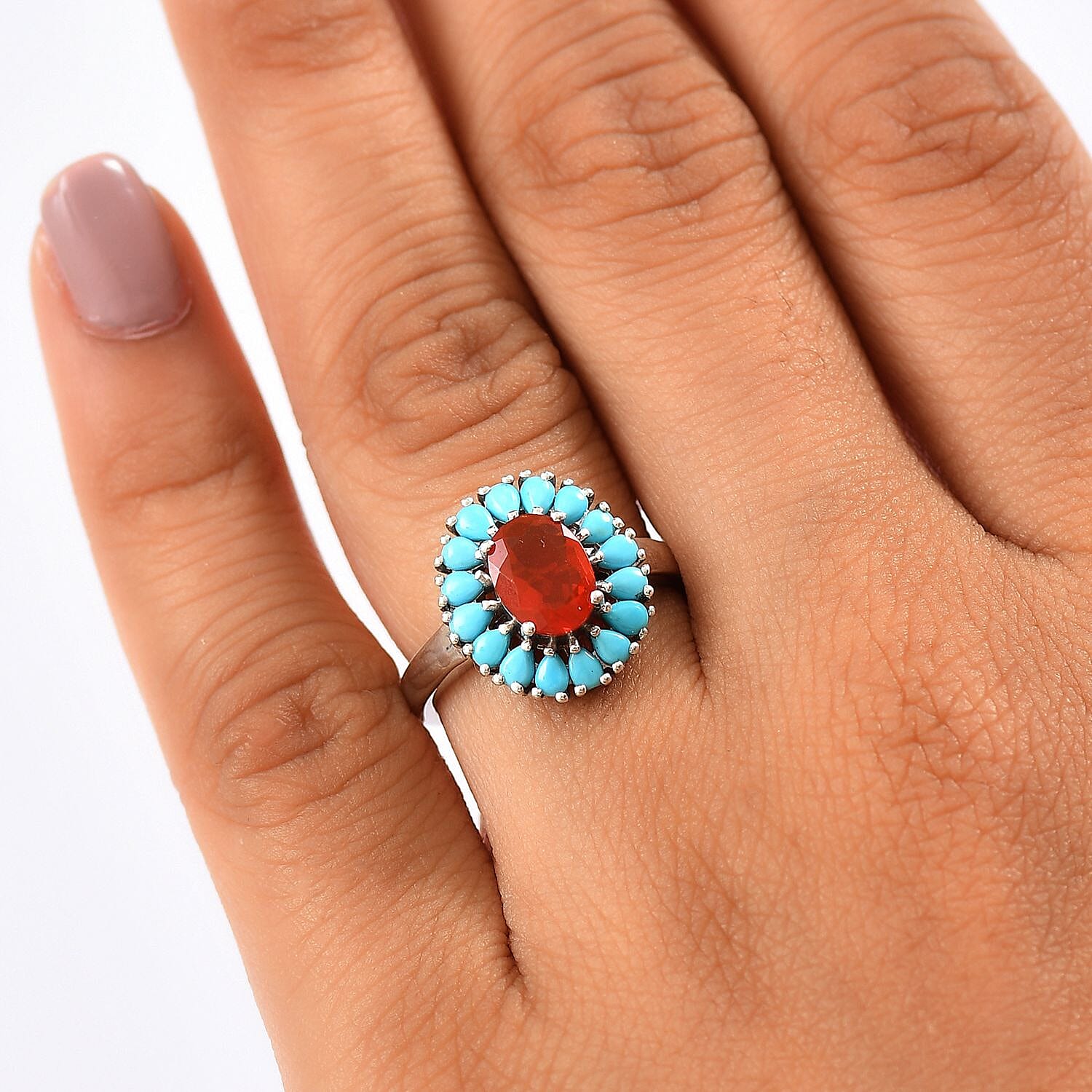 Fire Opal & Sleeping Beauty Turquoise Ring in Rhodium Overlay Sterling Silver 1.80 Ct.