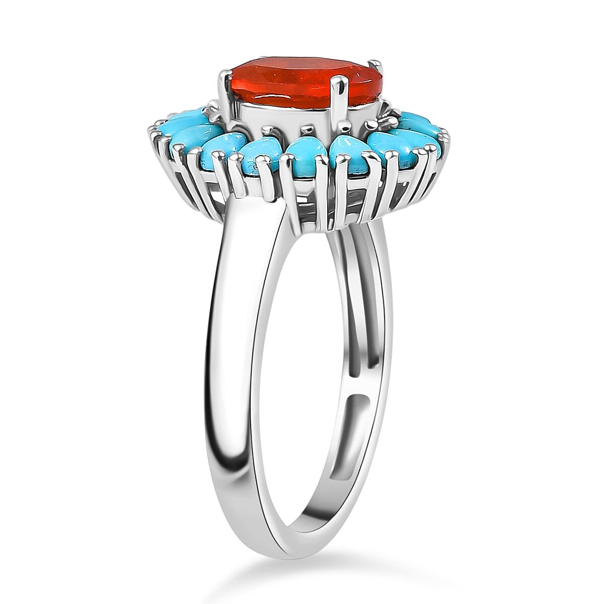 Fire Opal & Sleeping Beauty Turquoise Ring in Rhodium Overlay Sterling Silver 1.80 Ct.