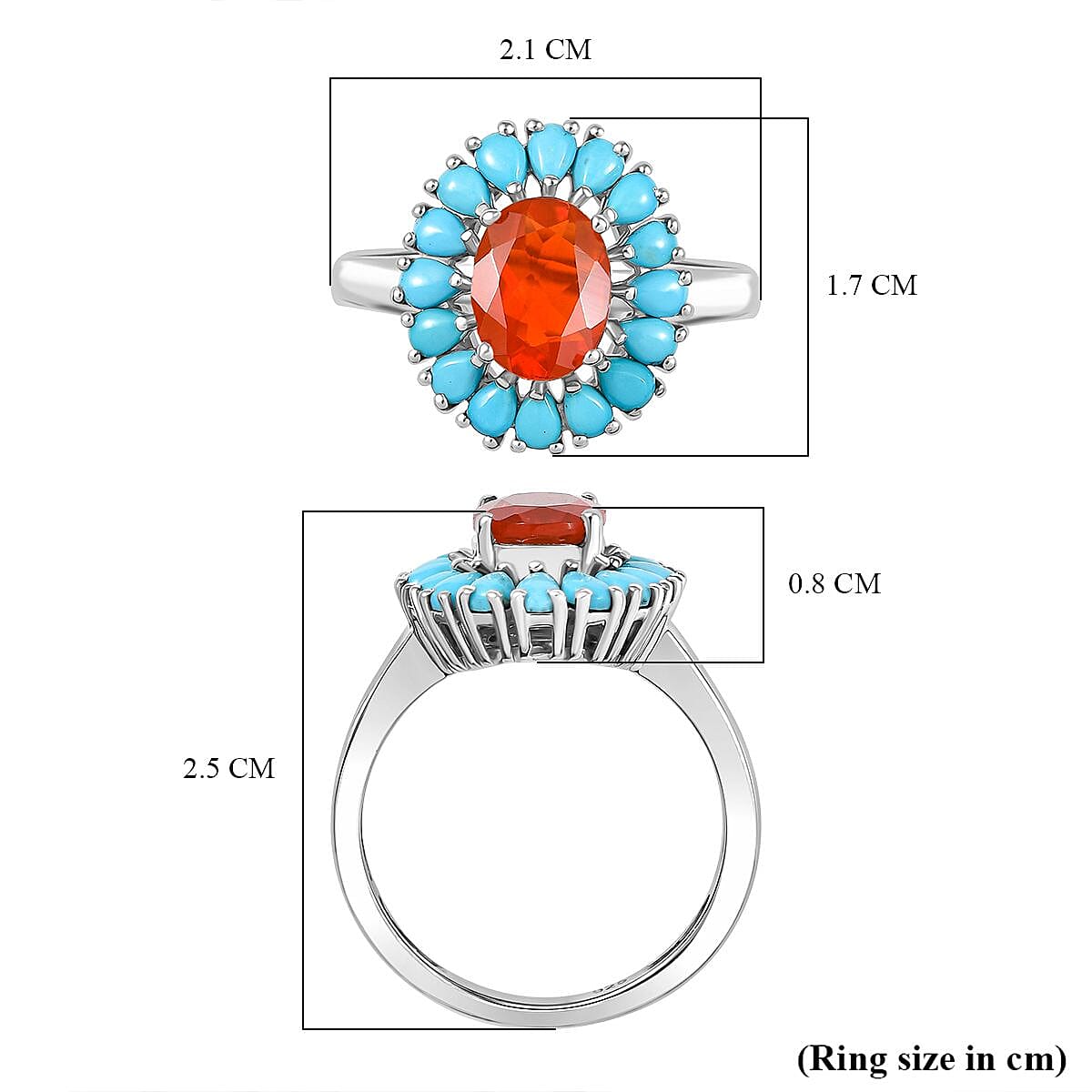 Fire Opal & Sleeping Beauty Turquoise Ring in Rhodium Overlay Sterling Silver 1.80 Ct.