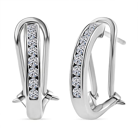 LUXURIANT Lab Grown Diamond (SI-G/H) J Hoop Half Hoop Earring in Rhodium Overlay Sterling Silver