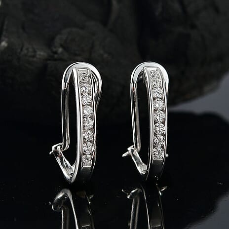 Luxuriant Diamond Lab Grown Diamond (SI-G-H) J Hoop Half Hoop Earring in Rhodium Overlay Sterling Silver. 0.500ct