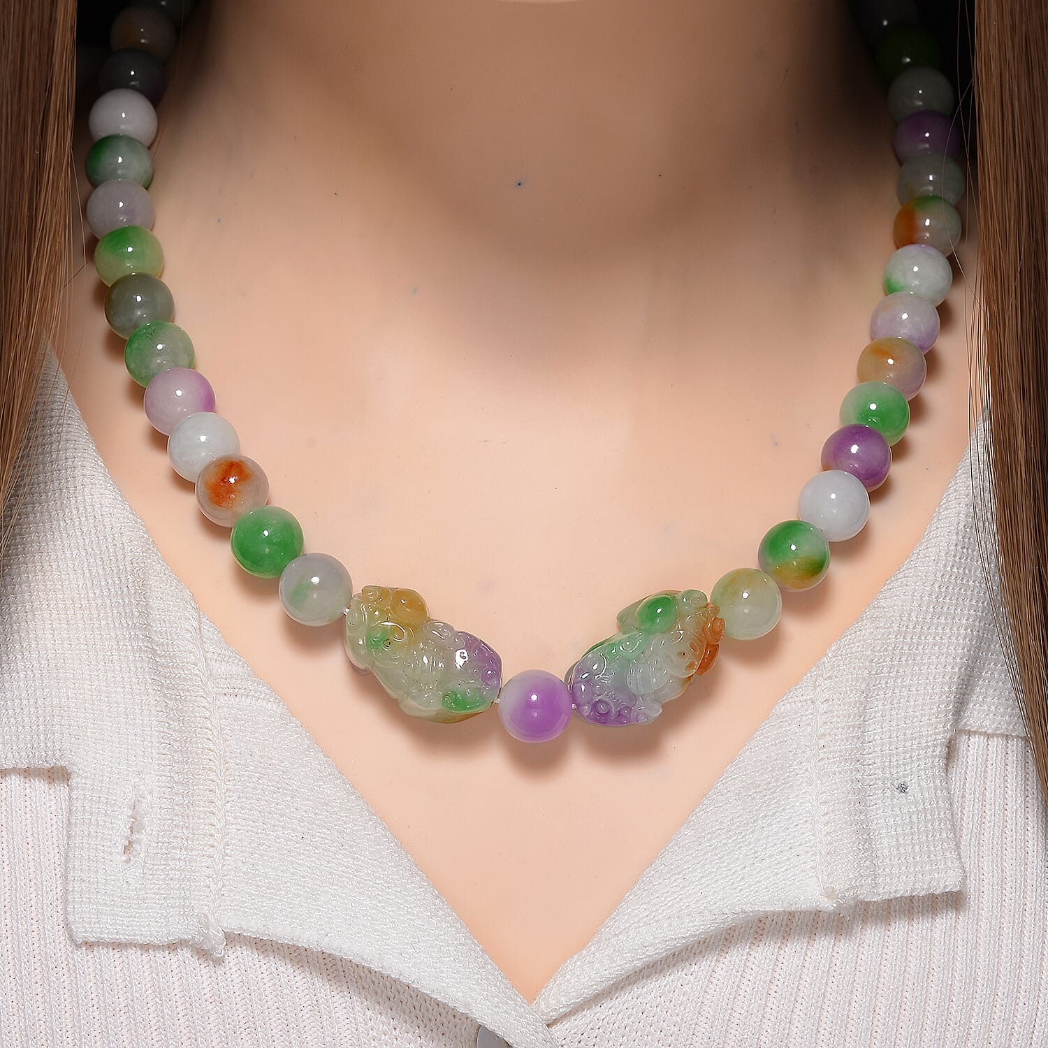 Enhanced Multi Jade Pixiu Necklace (Size - 20) in Yellow Gold Plated Sterling Silver 400.00 Ct.