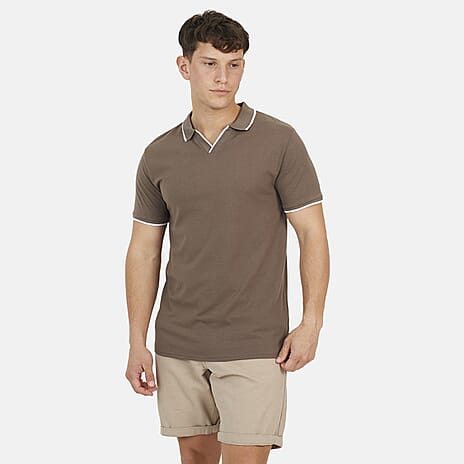 Brave Soul Mens Cotton Open Collar Polo T-Shirt (Size L) - Taupe