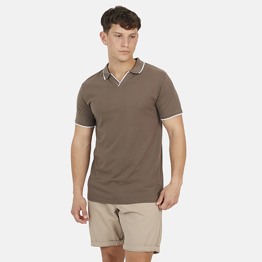 Brave Soul Mens Cotton Open Collar Polo T-Shirt (Size L) - Taupe