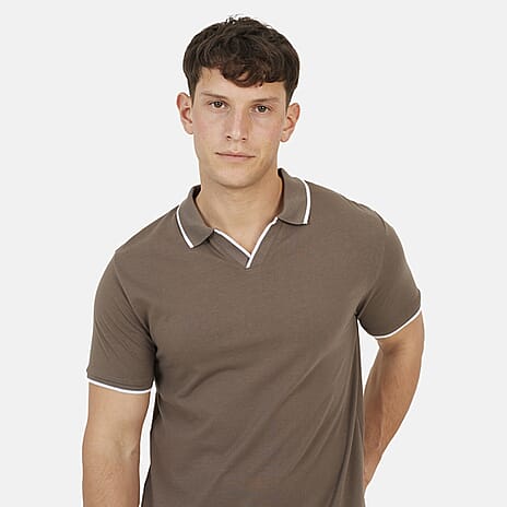 Brave Soul Mens Cotton Open Collar Polo T-Shirt (Size L) - Taupe