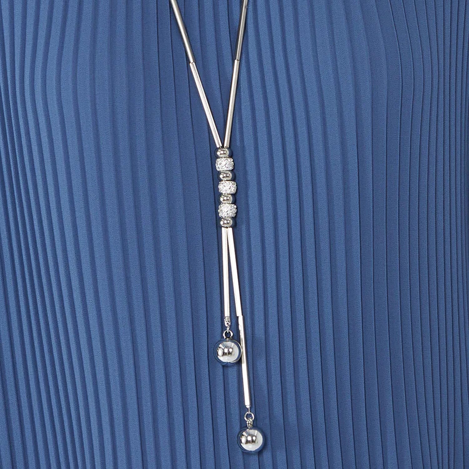 MADE IN ITALY - Chilli Charm Pleated Long Sleeve Top with Necklace (One Size, 8 To 20) - Denim Blue