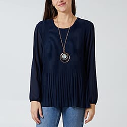 Chilli Charm Pleated Long Sleeve Top with Necklace (One Size, 8 - 18) - Navy