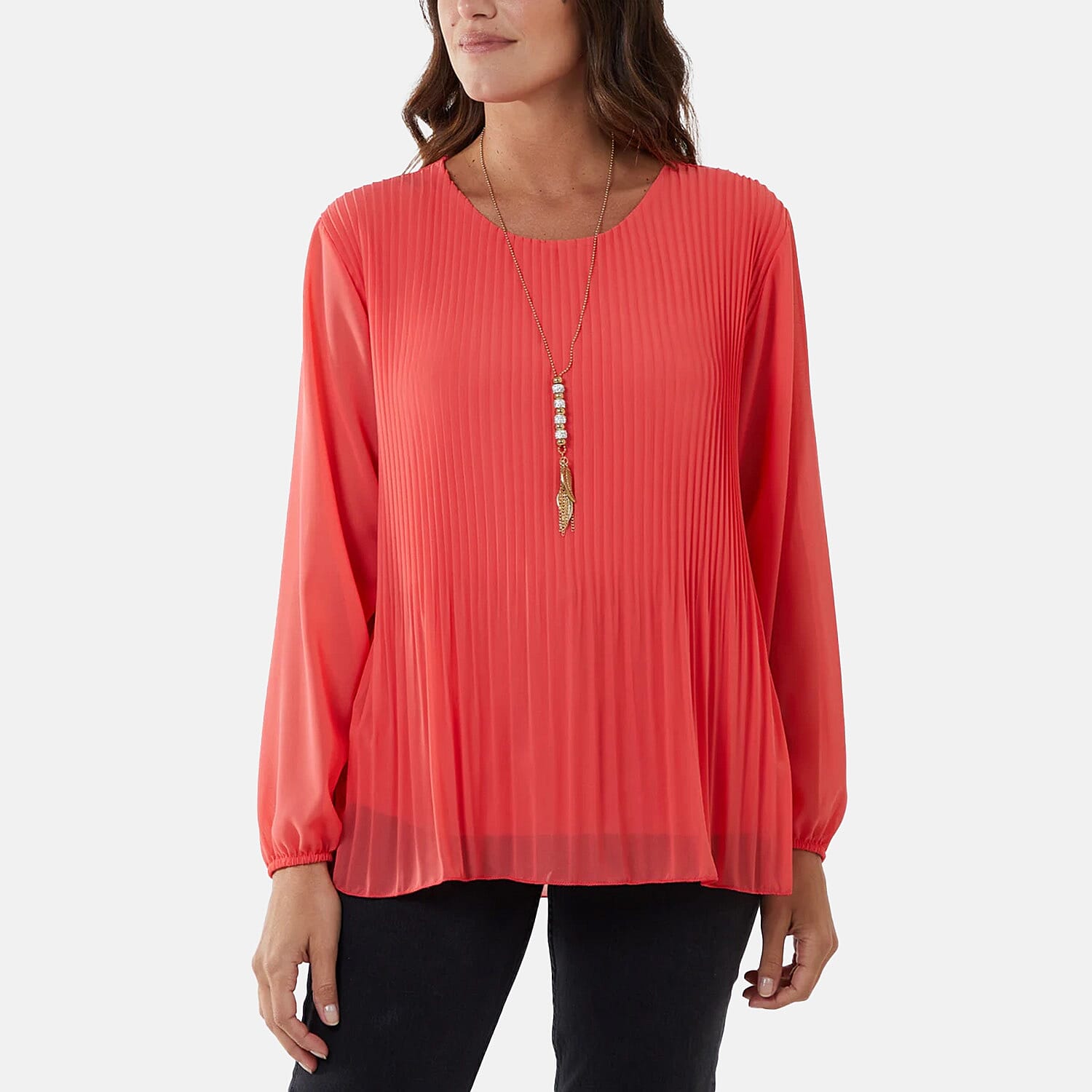 MADE IN ITALY - Chilli Charm Pleated Long Sleeve Top with Necklace (One Size, 8 To 20) - Coral