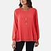 MADE IN ITALY - Chilli Charm Pleated Long Sleeve Top with Necklace (One Size, 8 To 20) - Coral