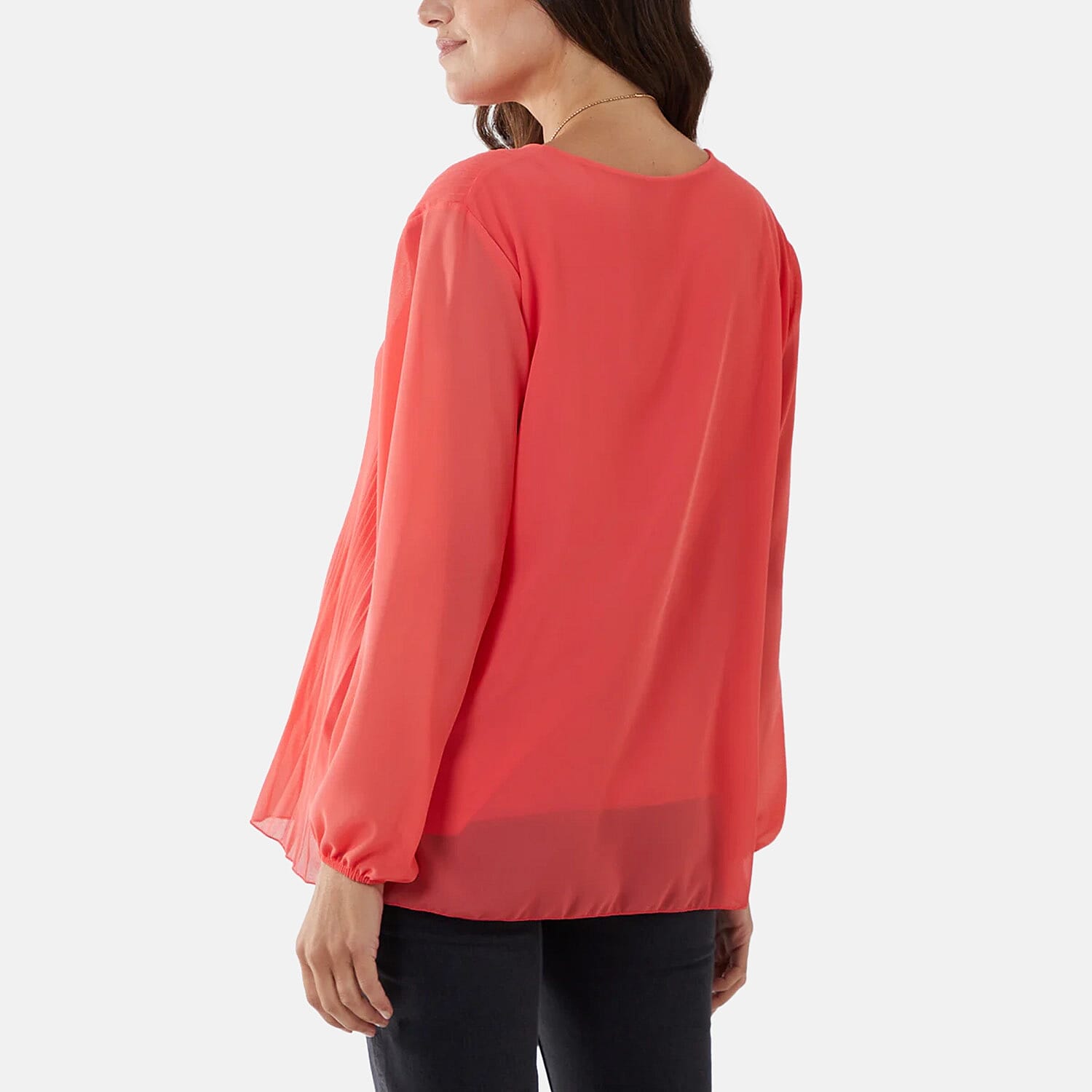 MADE IN ITALY - Chilli Charm Pleated Long Sleeve Top with Necklace (One Size, 8 To 20) - Coral