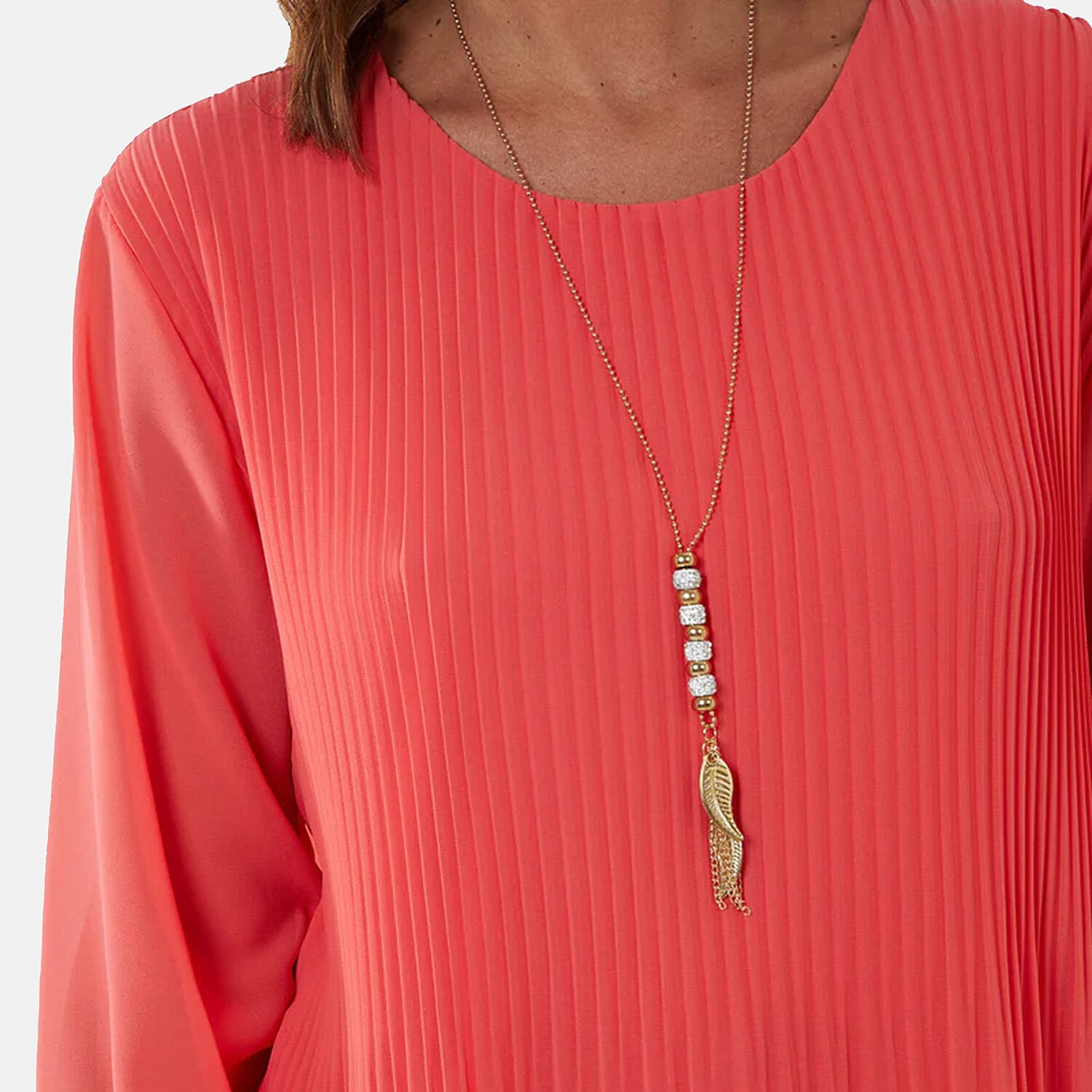 MADE IN ITALY - Chilli Charm Pleated Long Sleeve Top with Necklace (One Size, 8 To 20) - Coral