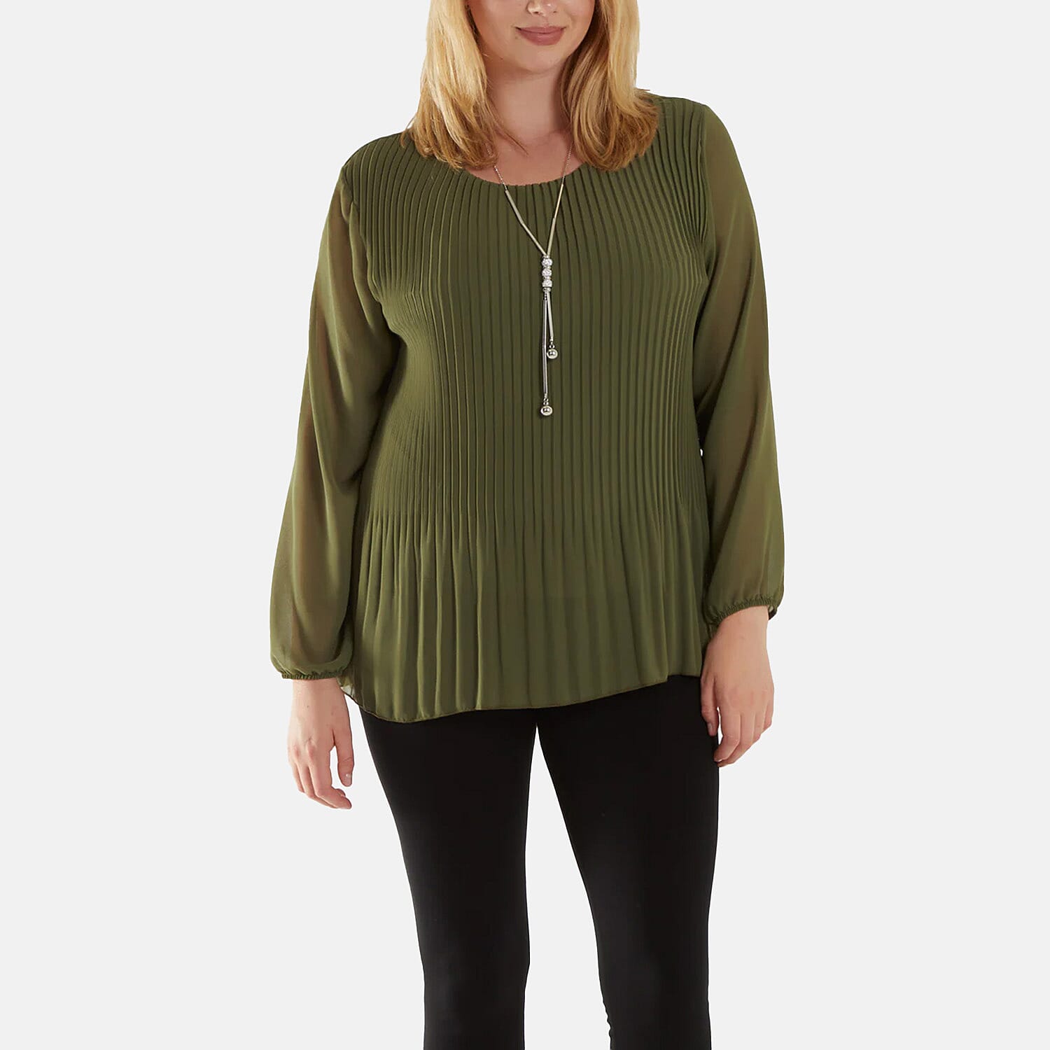 MADE IN ITALY - Chilli Charm Pleated Long Sleeve Top with Necklace (One Size, 8 To 20) - Olive