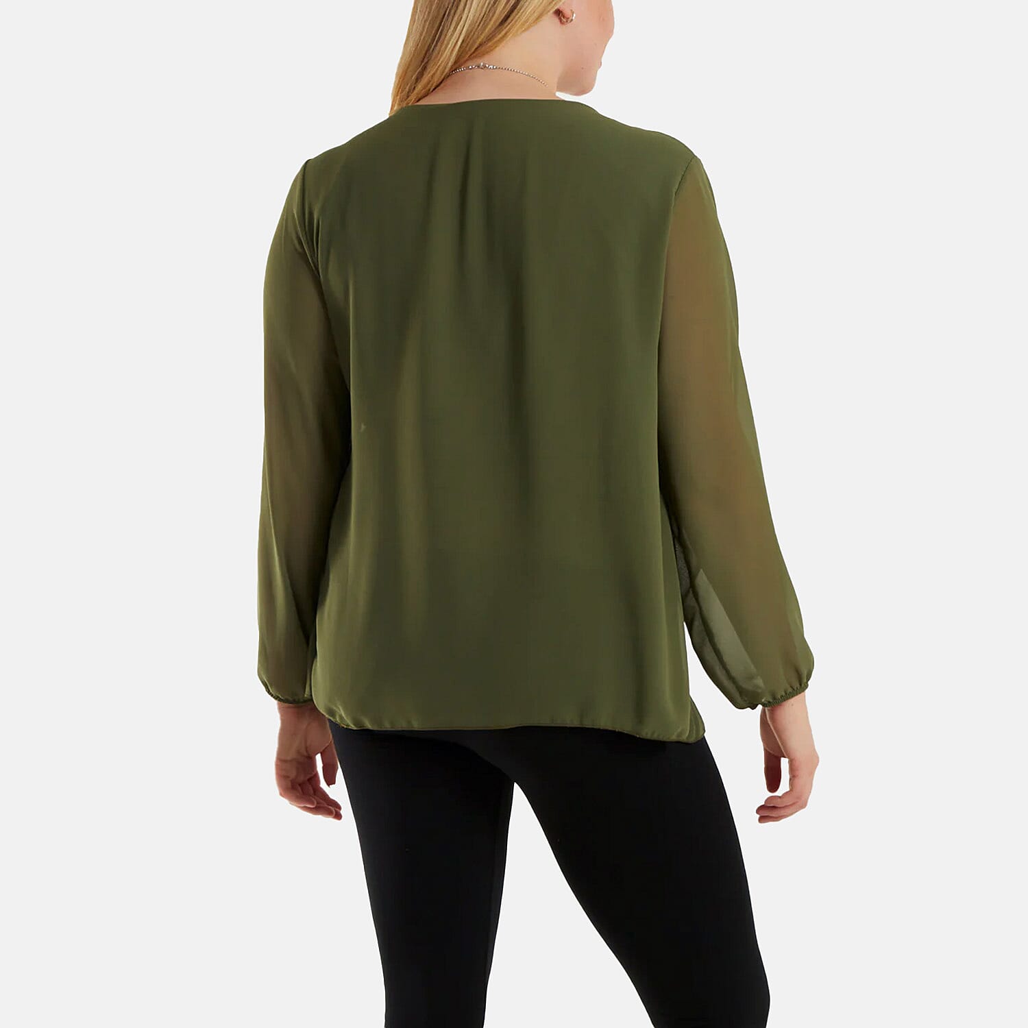 MADE IN ITALY - Chilli Charm Pleated Long Sleeve Top with Necklace (One Size, 8 To 20) - Olive