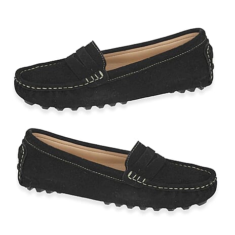 Down to Earth Genuine Leather Ladies Classic Driving Loafer Moccasin Shoes (Size - 5) - Black