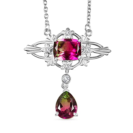 Watermelon Quartz Triplet & White Zircon Necklace (Size - 20) with Lobster Clasp in Rhodium Overlay Sterling Silver 4.49 Ct.