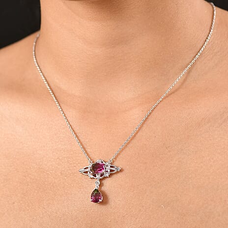 Watermelon Quartz Triplet & White Zircon Necklace (Size - 20) with Lobster Clasp in Rhodium Overlay Sterling Silver 4.49 Ct.